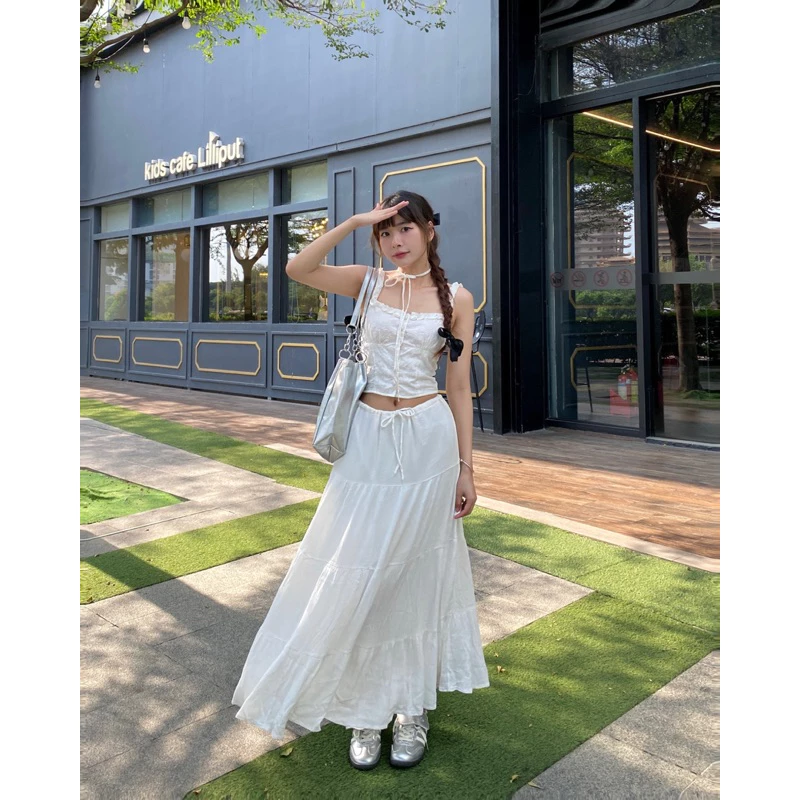 Four-Tiered Drawstring Long Skirt